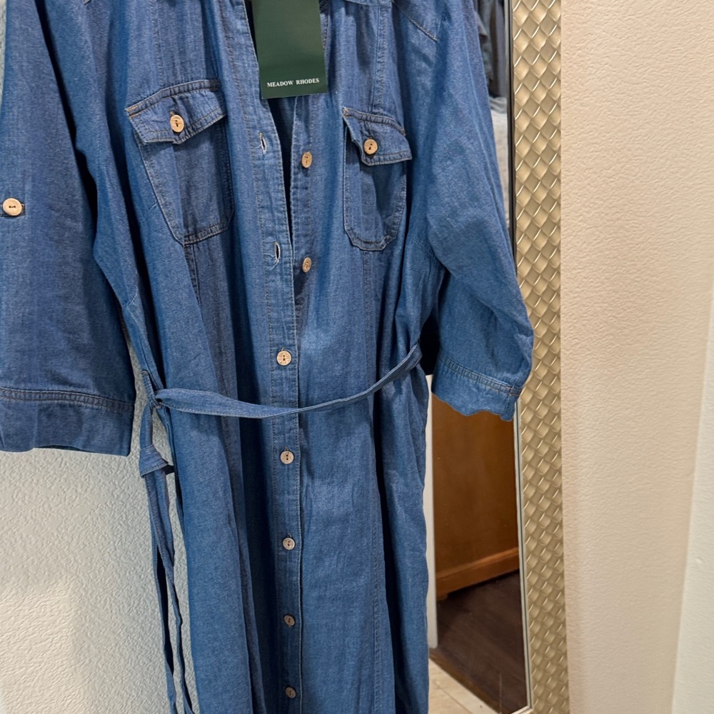 Classic Blue Denim Shirt Dress with Tie Waist - Picture 3 of 7